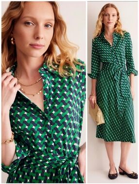 Boden Tie Waist Blue Green Jersey Lauren Dress, 12